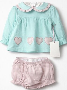 Cecil and Lou Mint green and pink gingham heart appliqué knit long sleeve set